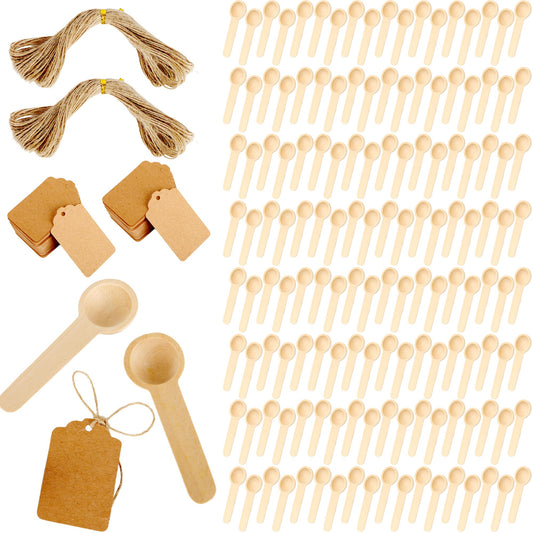 200 Set 3 Inch Small Wooden Spoons Bulk with 200 Pcs Tags and 2 Roll of Twine Rope Mini Disposable Spice Jar Wood Spoons for Kitchen Honey Salt Sugar Oil Spice Jar Coffee Tea Condiment