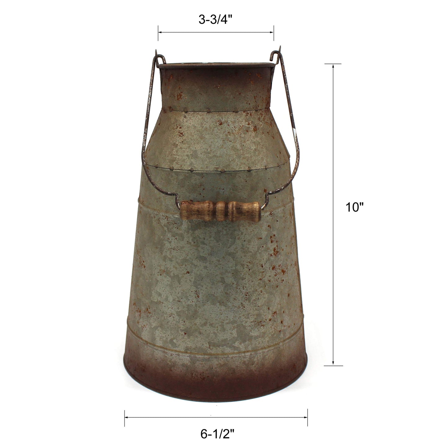 CVHOMEDECO. 10 Inch Galvanized Metal Milk Can with Wooden Handle, Old Rustic Farmhouse Pitcher Jug Vase for Home and Garden Décor. Grey
