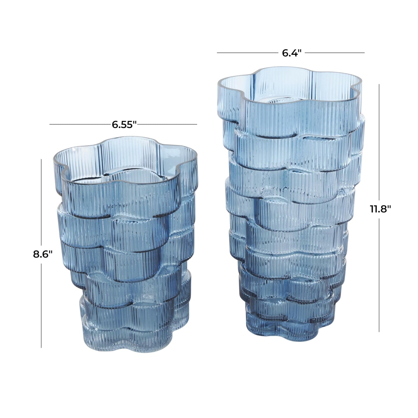 Deco 79 Glass Decorative Vase Stacked Flower Shape Centerpiece Vases, Set of 2 Flower Vases for Home Decoration 12", 9" H, Blue