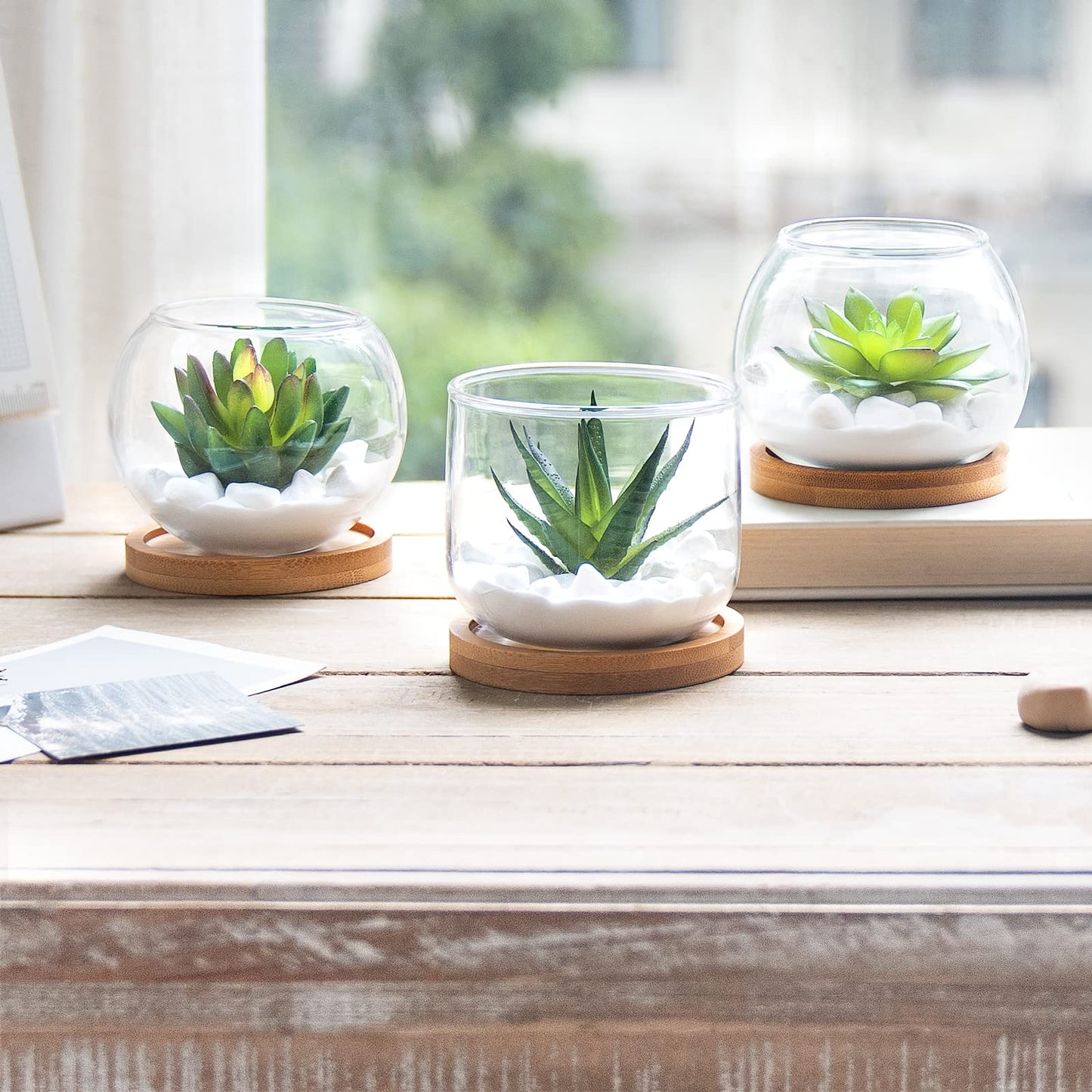 Mkono Artificial Succulent in Clear Glass Pot and 4 Packs Small Fake Plants in Farmhouse Galvanized Pots Table Centerpiece