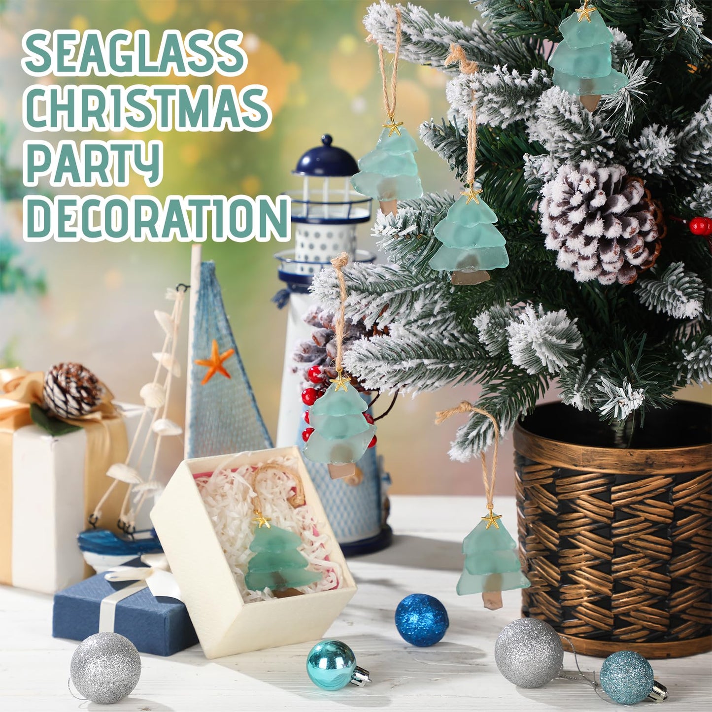 Yookeer 6 Pcs Sea Glass Christmas Tree Ornaments Handmade July in Christmas Sea Glass Xmas Tree Ornament Pendant Blue Beach Seaglass Hanging Ornament Crystal Xmas Decoration for Centerpiece Home Decor