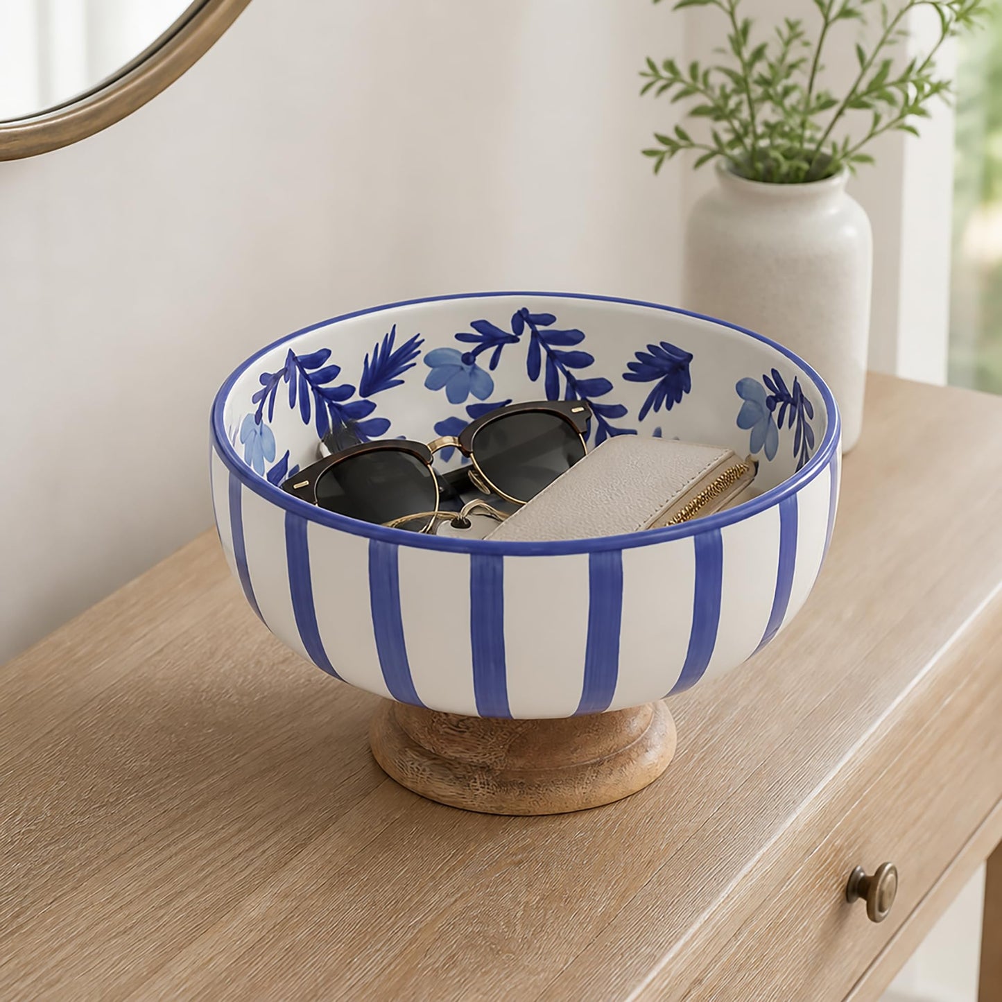 Mud Pie Blue Ceramic and Wood Pedestal Bowl