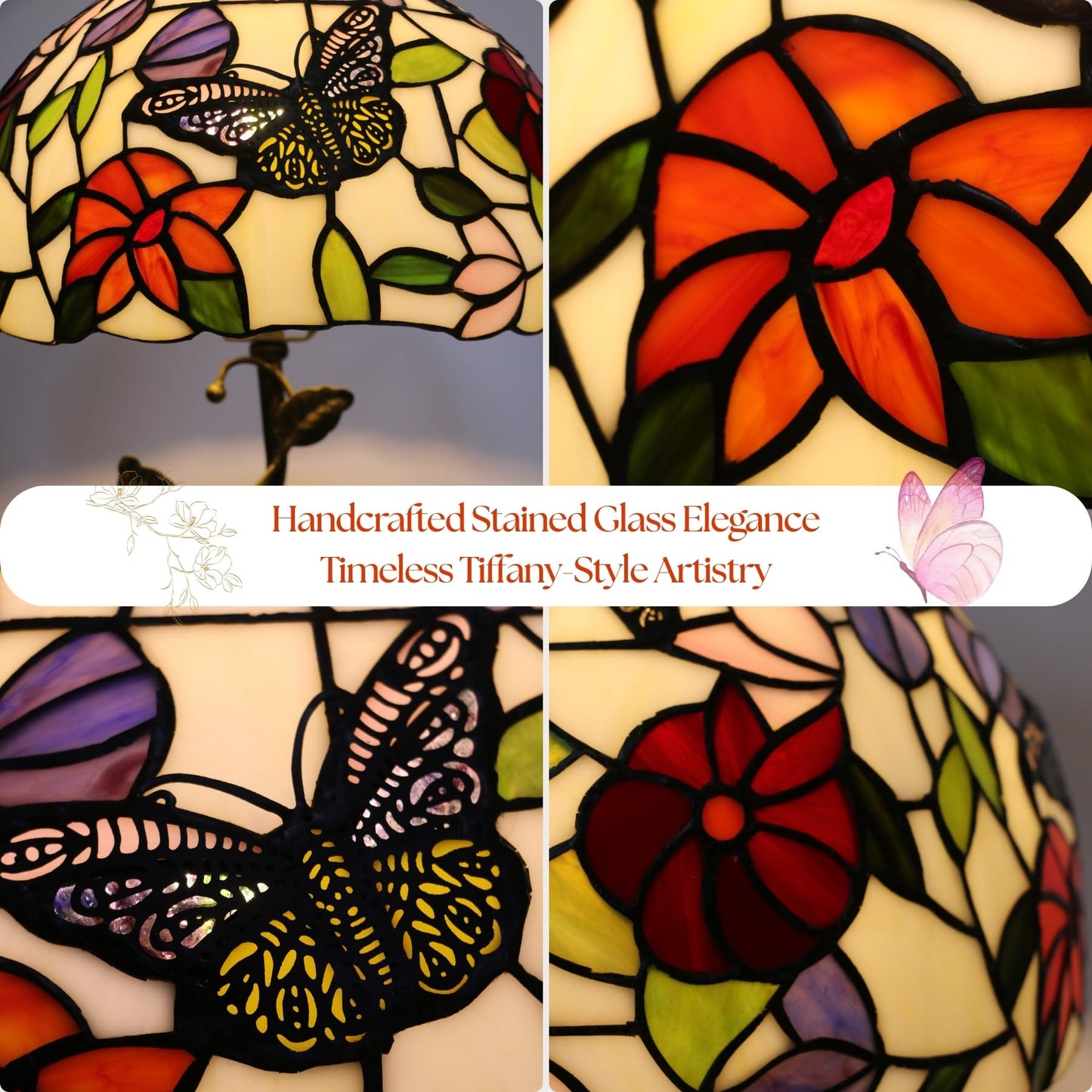 3EShinesys Tiffany Table Lamp, 12" Butterfly Flower Handmade Stained Glass Lamp Shade, Vintage Reading Light for Bedroom Living Room, LED Bulb Included
