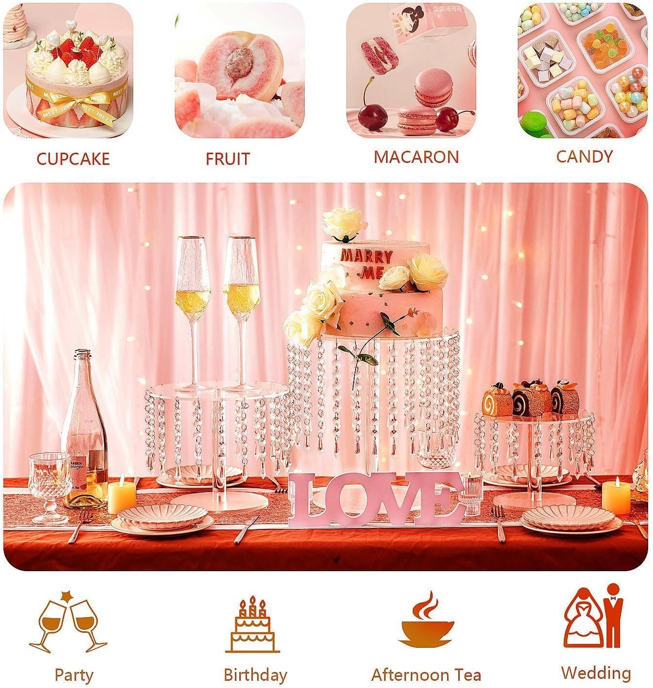 SealSee Acrylic cake stand, Acrylic Cake Rack Circular Cupcake Rack Dessert Display Rack With Crystal Chandelier For Wedding Birthday Party Table Decoration (Middle)