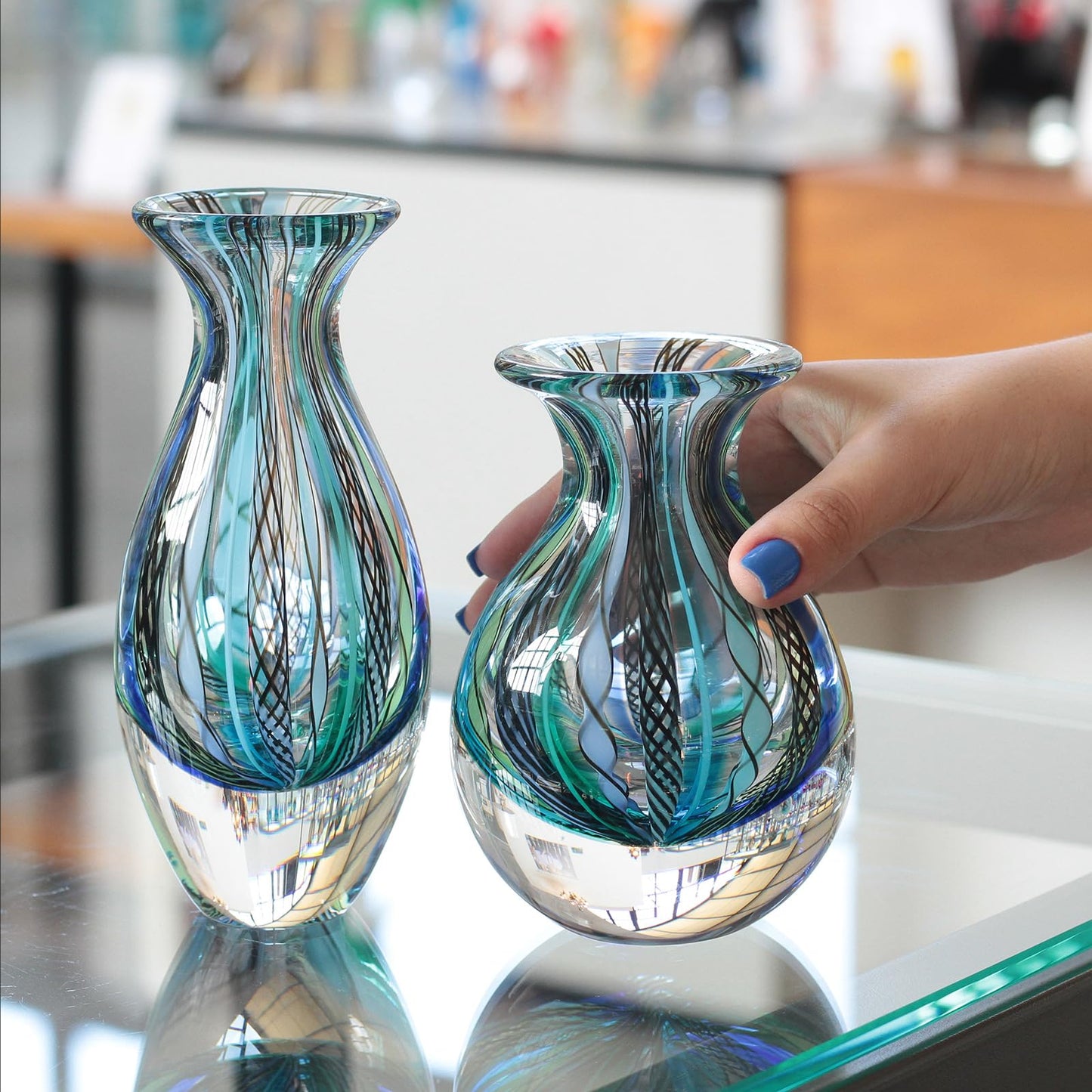 Ca D Oro Pair of Small Glass Vases Boho with Blue/Green Canes Hand Blown Murano-Style Art Glass - Models Nº 2/3