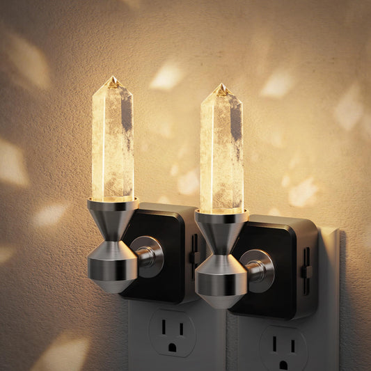 JandCase Healing Crystals LED Night Light Plug into Wall, 2 Pack Dimmable Night Lights witih Clear Quartz Tower, Dusk to Dawn Sensor Nightlights for Meditation Living Room Bedroom Home Decor
