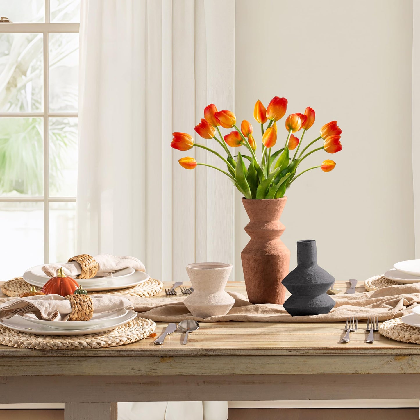 Ceramic Vase Home Table Decor - Flower Vase Set of 3 Living Room Kitchen Decorations Farmhouse Modern Rustic Vases Decorative Centerpiece for Shelf Bedroom Office Bathroom Dining Coffee Desk