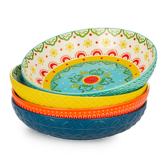 Signature Housewares Morocco 36 OZ Shallow Dinner Bowls/Deep Plates Perfect for Spaghetti and Salads - Set of 4 - Large Ceramic Bowls - Colorful Handpainted Pasta Bowls -