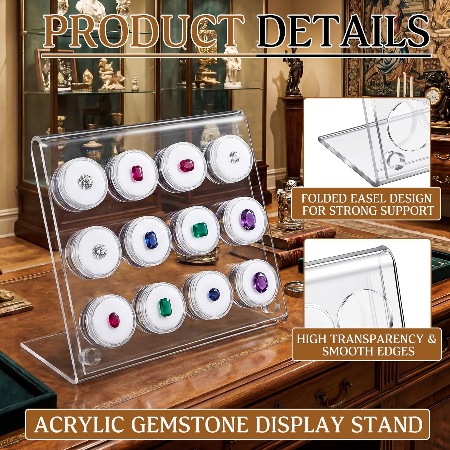 Yalikop Acrylic Gemstone Display Stand with 12 Clear Jars, Acrylic Easel Rack for Crystals, Stones, Rocks, Minerals, Jewelry Display, Clear Countertop Showcase Holder