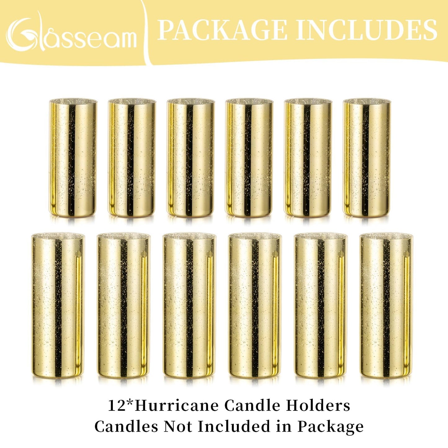 Glasseam Gold Cylinder Vases for Centerpieces: 12 Modern Mercury Hurricane Glass Vase Set for Flowers - Decorative Golden Pillar Candle Holders for Wedding Party Dining Room Table Decor