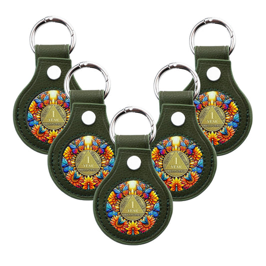 IELCJJ 5PCS Premium Leather Coin Holder - Handmade Sobriety AA Coins Chip Keychain - Displays Both Sides of Sober Token Medallion Pet Challenge Coin - Green Waterproof Scratchproof Soft PVC Key Ring