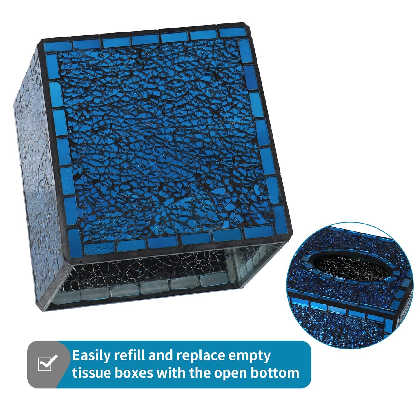 MDLUU Mosaic Glass Tissue Box Holder, Decorative Tissue Box Cover, Square Tissue Dispenser for Bathroom, Bedroom, Living Room (Navy Blue)