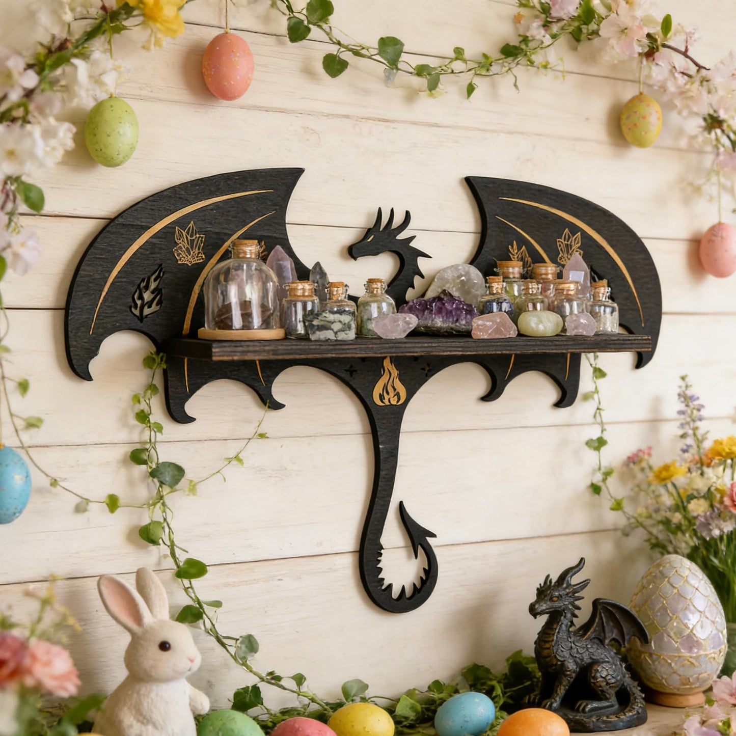 Rannyfol Witchy Gothic Crystal Display Shelf for Dragon Wall Decor, Wooden Dragon Knick Knack Shelf for Glass Rock Trinket Display, Floating Shelf (Dragon, 15.8 Inches)