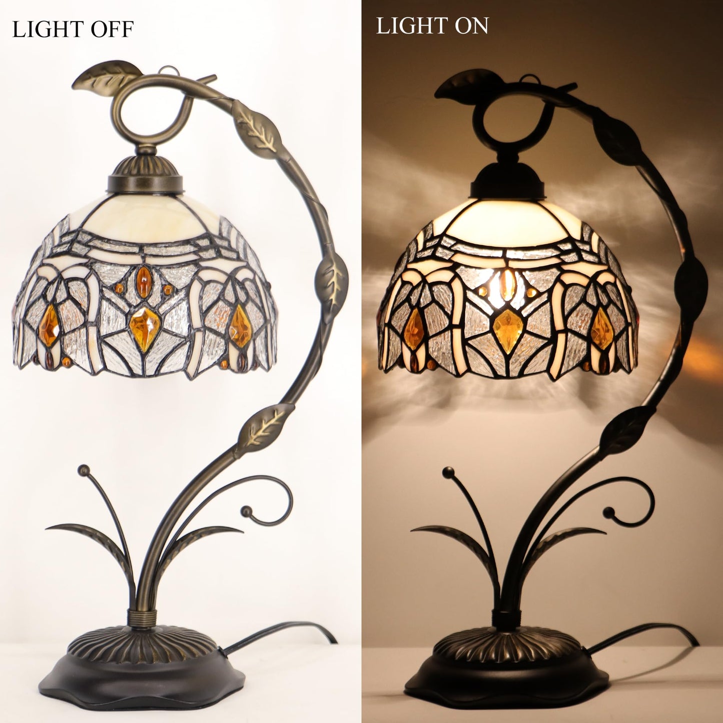HZYFFYU Tiffany Lamp Stained Glass Table Lamp Metal Leaf Base 8X10X19 Inch Reading Desk Light (Crystal Style)