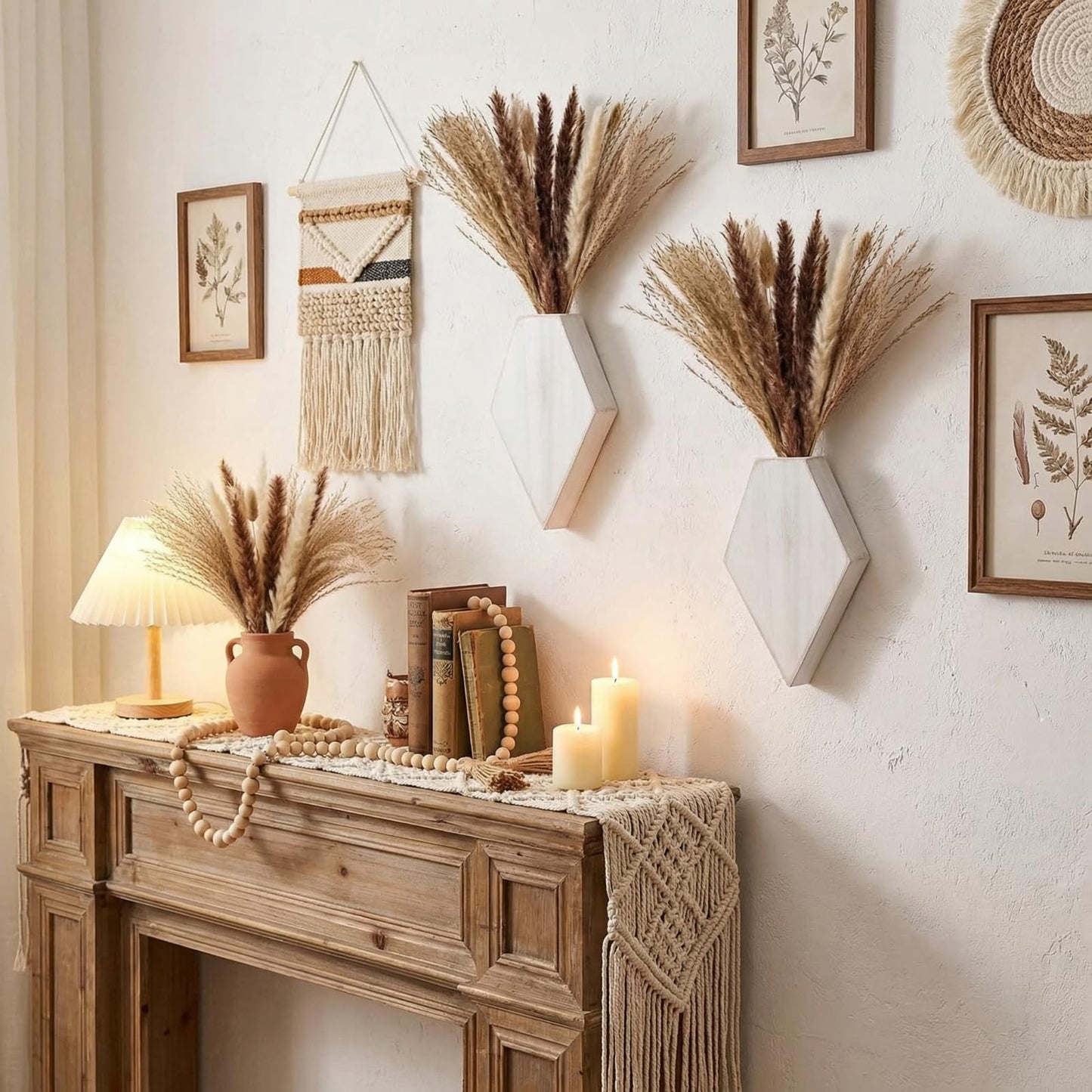 Fiwochic 2 Pcs Bohemian Wooden Wall Planter Set with Pampas Grass Modern Farmhouse Wall Decor for Living Room, Bathroom, Bedroom, Office(White Distressed,Regular Style)