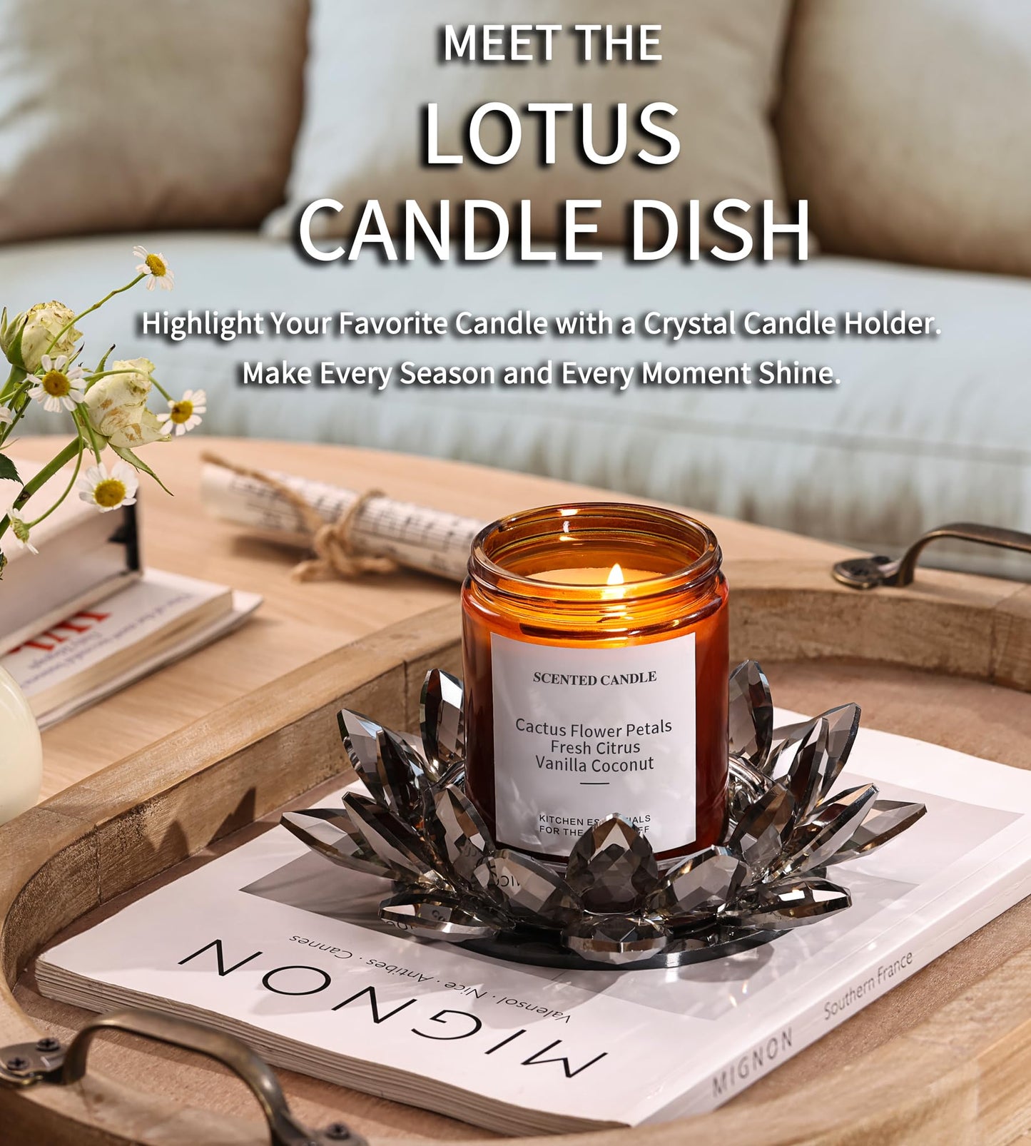 Crystal Lotus Candle Dish – Grey Decorative Tray for Candles & Diffusers