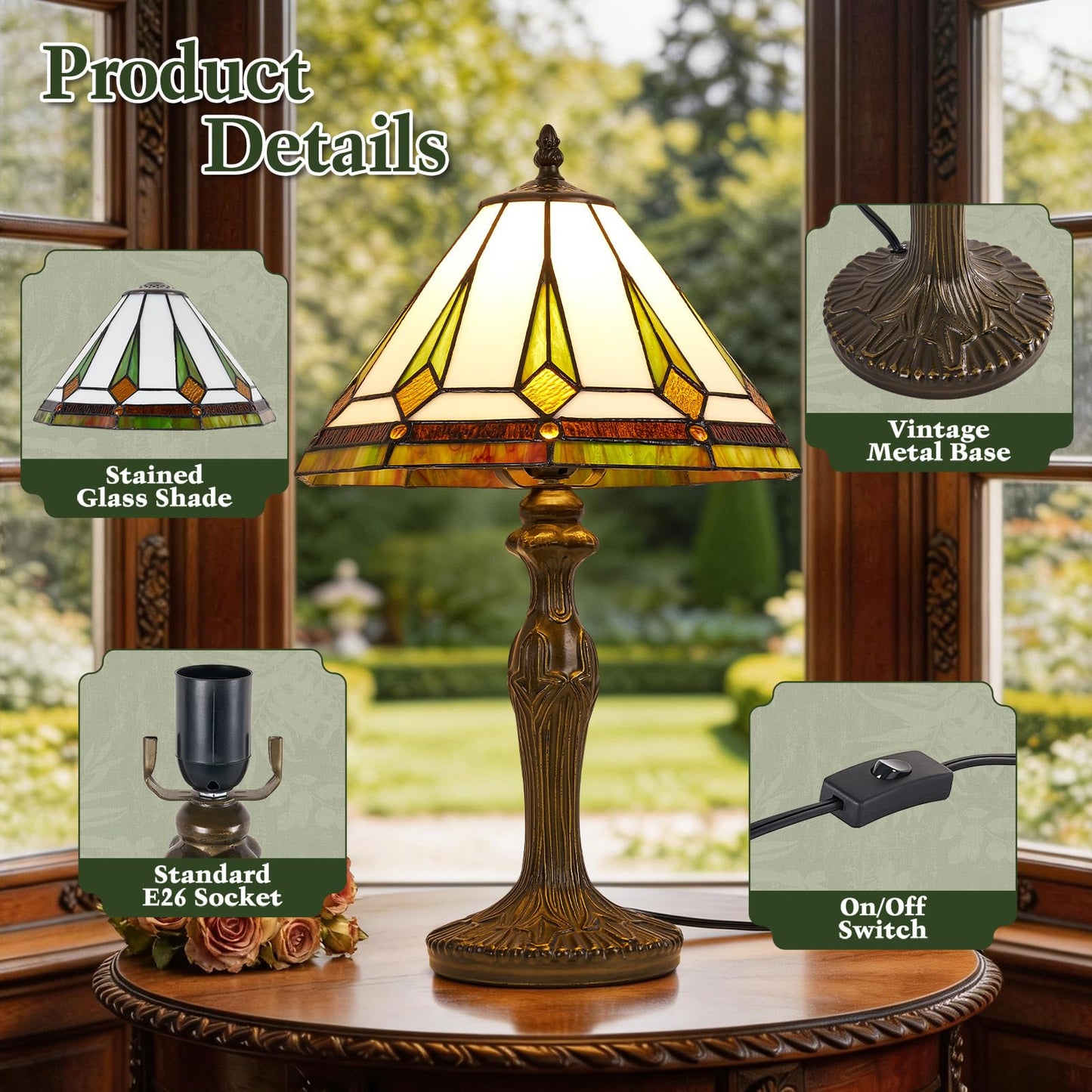 Drqvonth Tiffany Table Lamp, 12 Inch Mission Stained Glass Desk Lamp