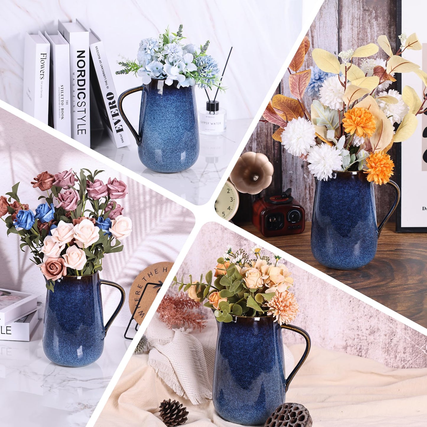 Blue Ceramic Pitcher Vase, Water Pitchers with Handle,For Modern Rustic Farmhouse Vase Home Decor,Cute Small Ceramic Vases,Entrance Decoration and Centerpieces for Dining Table Decor (Blue)