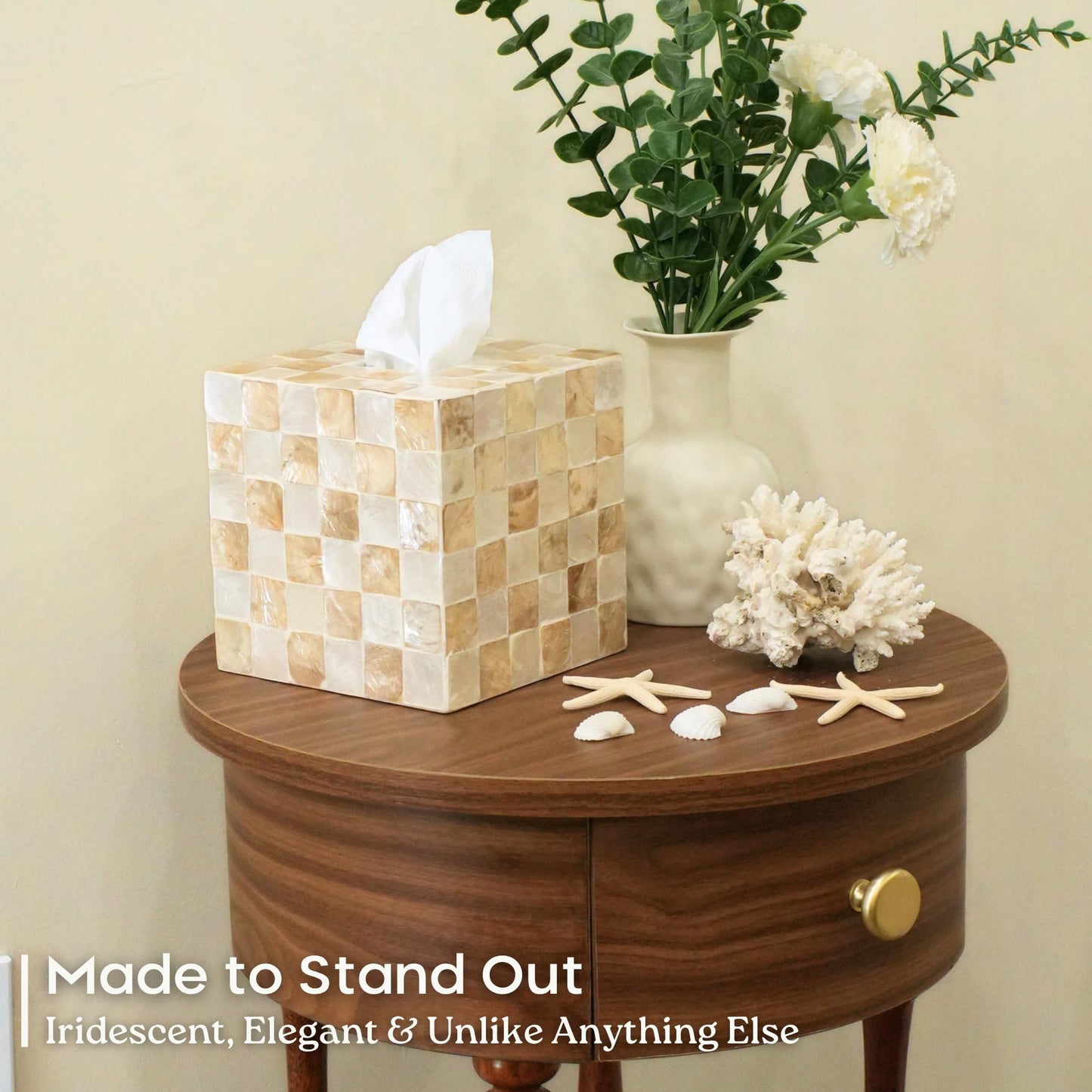CHI AN HOME 5.5” Square Tissue Box Cover, Capiz Shells Cube Tissue Box Holder with Bottom Slider, Checkered Tissue Box Cover Mother of Pearl Decorative Tissue Holder for Bathroom Vanity, Office, Ivory