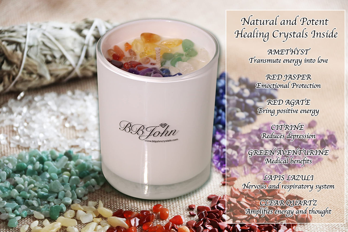 Chakra Crystal Candle - Manifestation Intention - Healing Crystals Gemstones - Seven Chakras Stones - Meditation - Spiritual Aromatherapy - Stress Relief, Relaxing & Balance - Natural Soy Wax