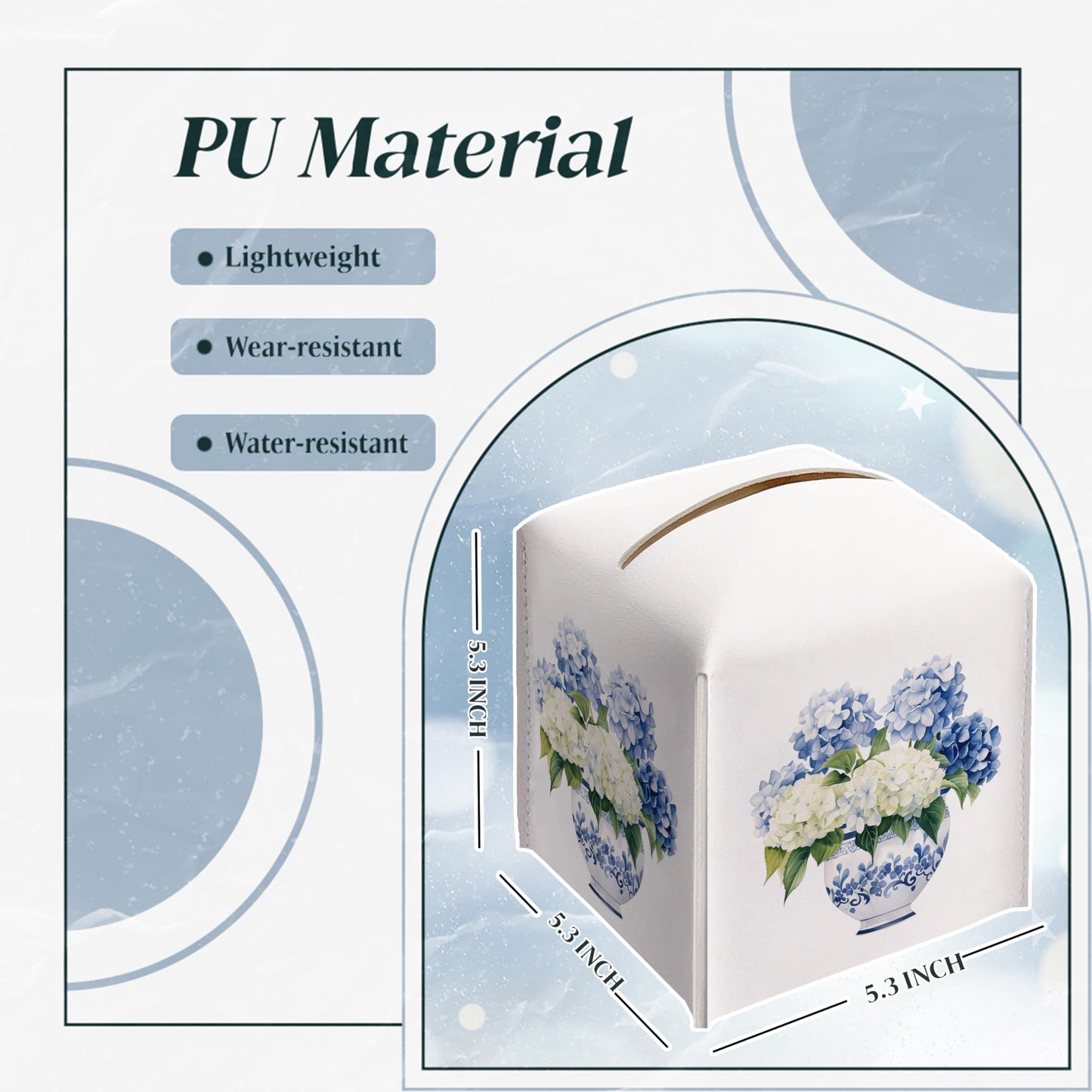 Hydrangea Tissue Box Cover — Chinoiserie Blue and White Floral Decorative Square Faux Leather Tissue Box Holder Dispenser, Hydrangea Accessories for Bathroom Car Home