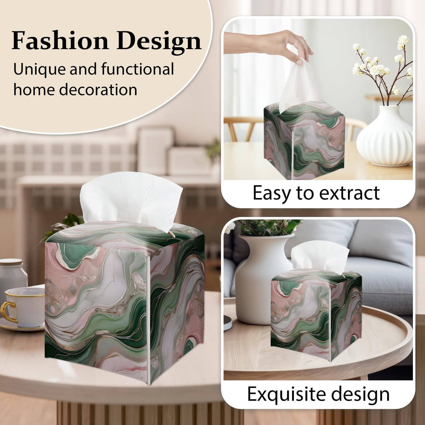 Tissue Box Cover, Modern Marble Tissue Box Cover Square-Waterproof Leather, Tabletop Decor for Living Room, Vanity, Office, Aesthetic Home Decor, Gift for Women & Friend, 5 x 5 Inches-A05