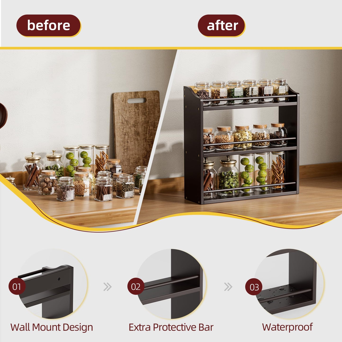 STELLSTAR 3 Tier Bamboo Wood Spice Rack, Seasoning Bottles Jars Organizer Shelf for Spices or Craft Supplies, Kitchen Counter or Wall Mounting (Brown)