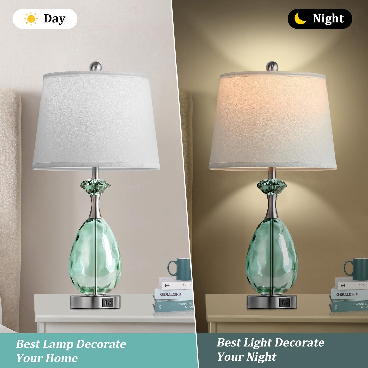 Hamucd Coastal Glass Table Lamps Set of 2, 3-Way Dimmable Touch Control Nautical Lamp with USB A+C Ports,Bedside Lamps Beach Decor, Modern Nightstand Lamps with 2 LED Bulbs for Bedroom Living Room