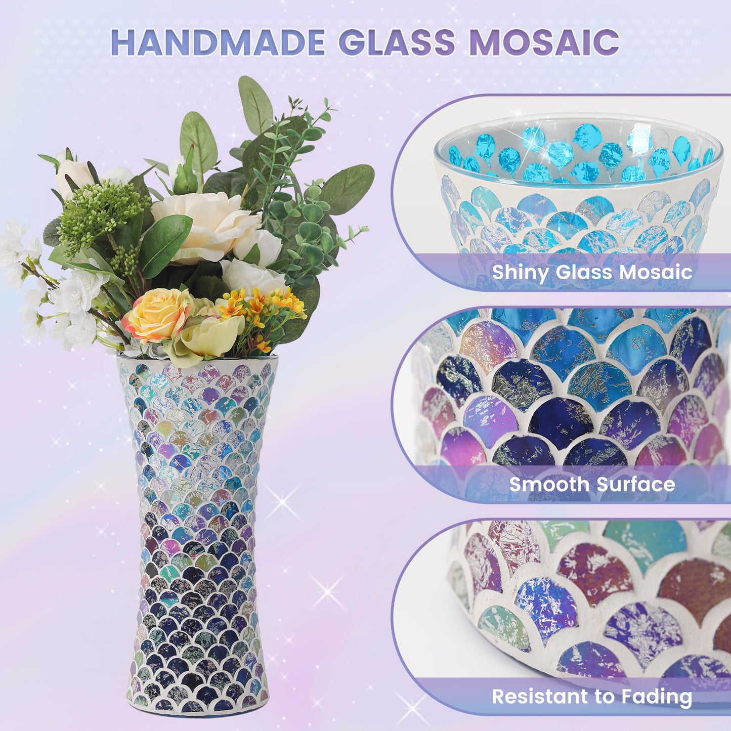 Adedeo Mosaic Glass Flower Vase for Home Decor, Large Handmade Glass Vases for Living Room, Kitchen, Wedding, Office (Fan Shape Golden Blue, 5 * 11.8 Inch)