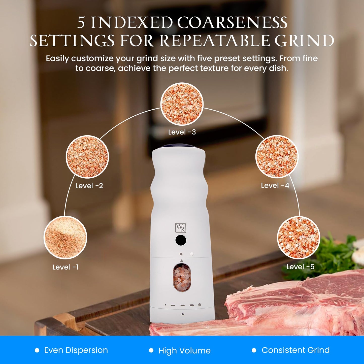 WHITE RAIN Salt Mill with LED Lights & Adjustable Coarseness, Aluminum Rechargeable Salt Grinder Refillable Heavy Duty Electric Himalayan Pink Salt Grinder, Kitchen Gadgets