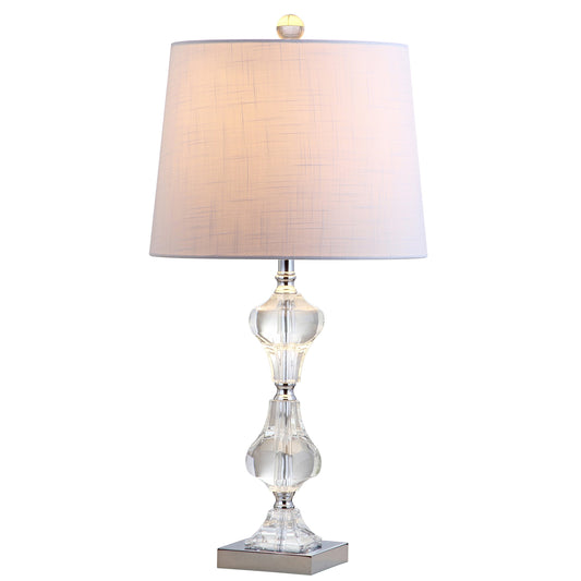 JONATHAN Y 26" Clear Crystal Column Table Lamp, Glam Transitional Chrome Metal Lamp with White Linen Shade for Living Room Bedroom Nightstand, LED Bulb Included JYL2038A