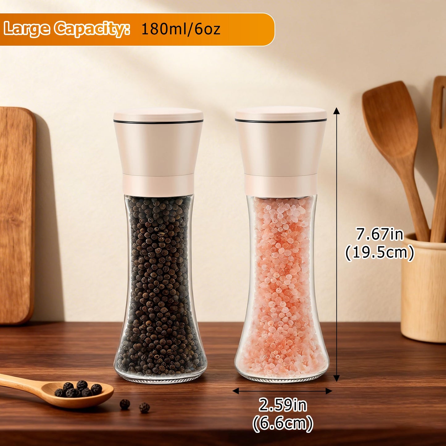R DRURLCD Beige Salt and Pepper Grinder Set of 2，Refillable Adjustable Coarseness Stainless Steel, Pepper Mills W/Funnel- Kitchen Spice Mill