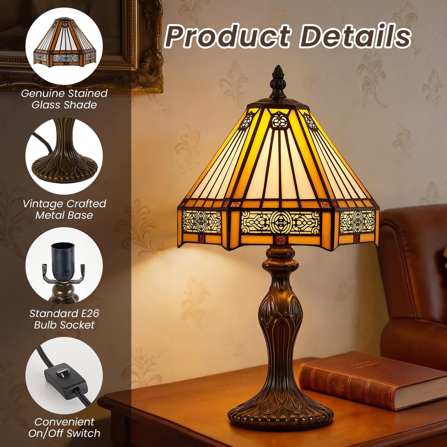 Drqvonth Tiffany Table Lamp, 8" W x 14.3" H Amber Stained Glass Desk Lamp