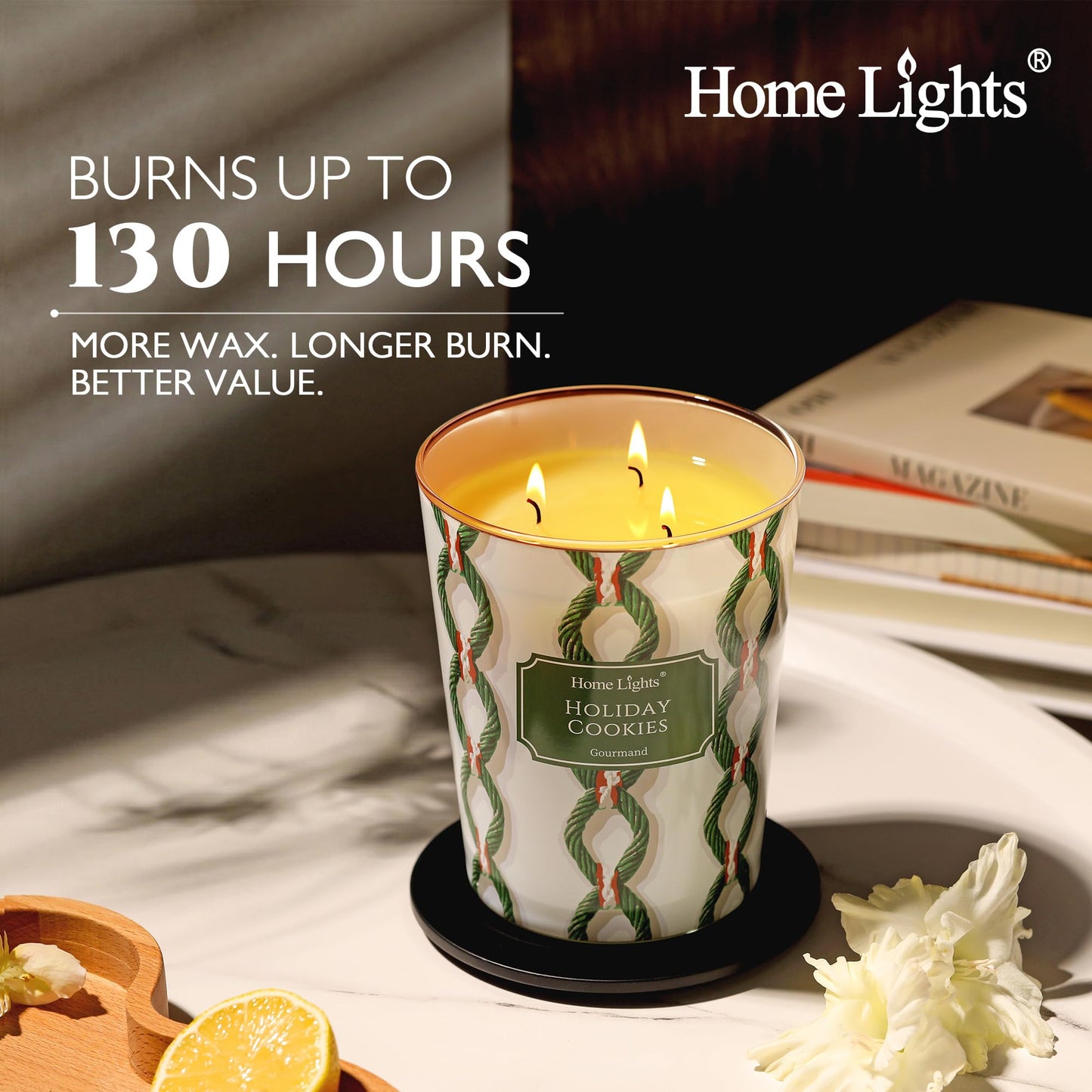HomeLights Holiday Cookies Scented Candles | 34oz Soy Candles Rustic Modern 3-Wick Large Candle Jars | Ideal Candle Gifts for Events, Home Decor Stress, Relief & Relaxation