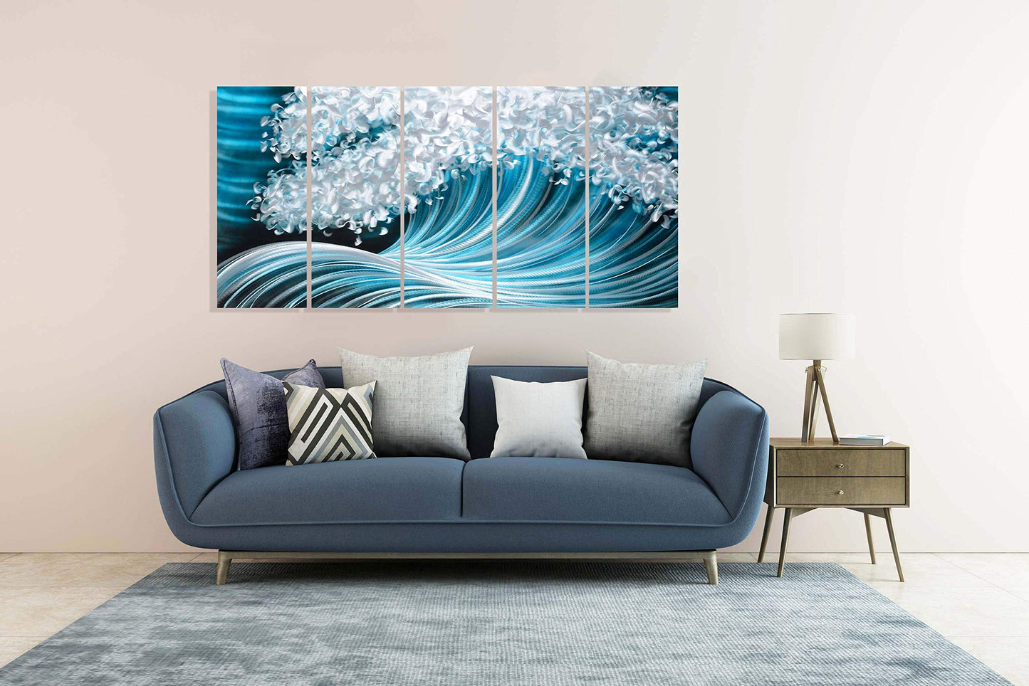 RICHSPACE ARTS Metal Wave Wall Art Large Horizontal Paintings Contemporary Blue Accents Home Decor Coastal Nautical Ocean Artwork on Aluminum for Office Living Room Bedroom Home Walls