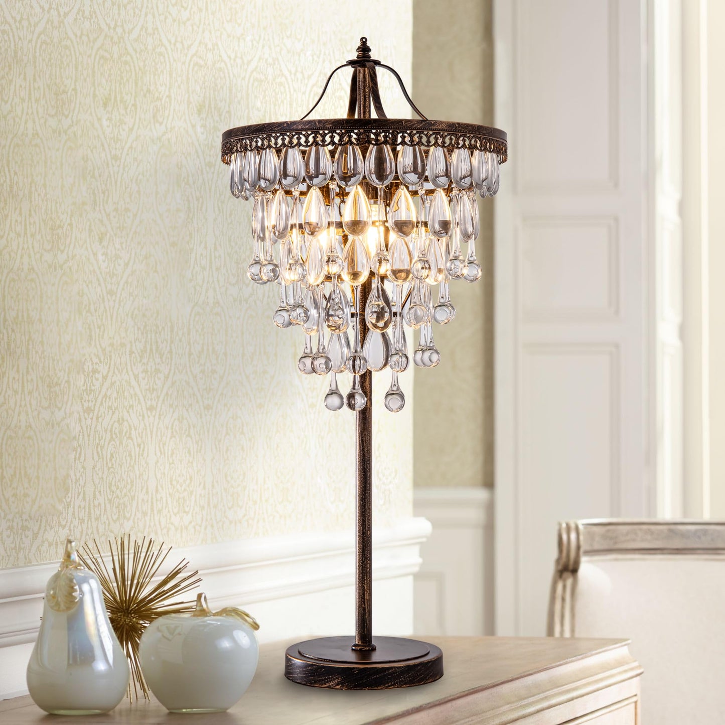 TOCHIC 3 Lights Crystal Table Lamp for Living Room, Bedside Table Lamp for Bedroom Dimmable Control, 28" Tall Bronze Antique Modern Desk Nightstand Lamp for Entryway, Staircase, Home Office