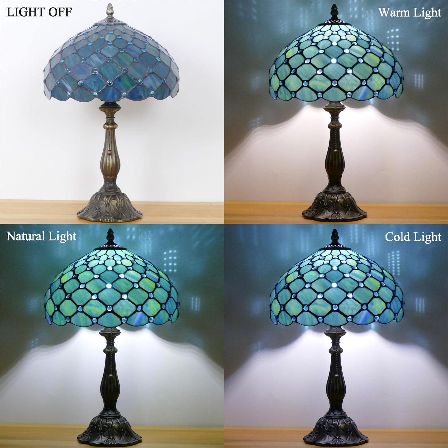 WFAYNTIFL Tiffany Table Lamp Stained Glass Sea Blue Pearl Style W12H19 Inch
