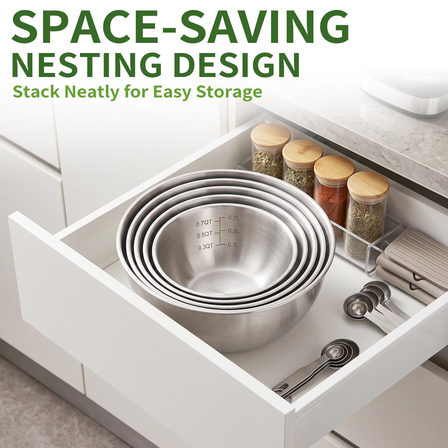 Bitwav 304 Stainless Steel Mixing Bowls Set of 5, 1.1/1.6/1.9/2.5/3.5 QT Food Grade Metal Bowls with Measurement Marks, Dishwasher Safe & Stackable Nesting for Baking, Salads, Meal Prep, RV & Camping