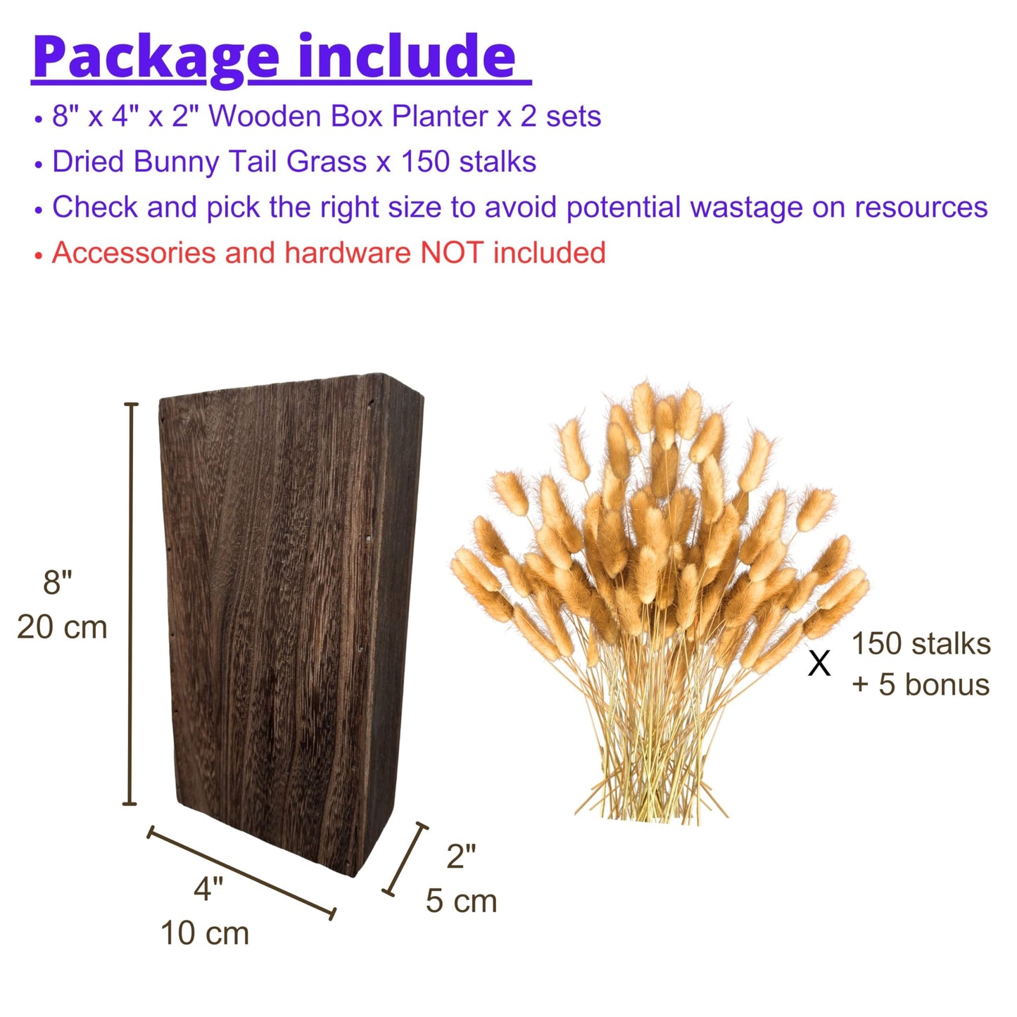 LaLaGreen Wood Wall Planters (8 Inch, 2 Pack) Include Bunny Tails Dried Flowers, Hanging Planter Wooden Box Vase for Indoor Modern Rustic Farmhouse Decor Home Living Room Bathroom Trendy Decoration