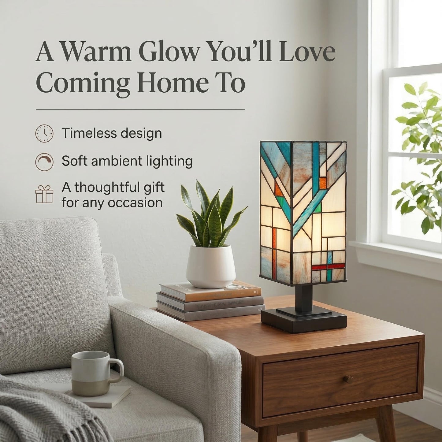 NOCTAVERA Tiffany-Style Table Lamp, Mission-Design Stained Glass