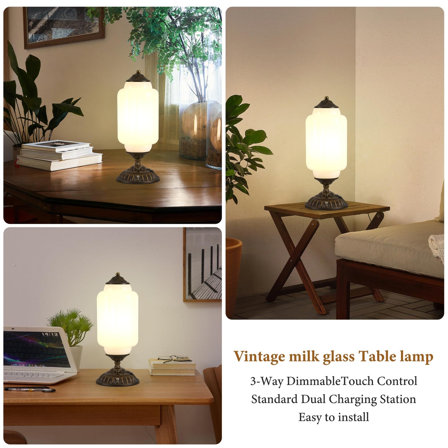 Vintage Milk Glass Table Lamp - 3 Way Dimmable Touch Control - White Bedside Lamps with USB C+A Charging Ports - Cute Art Deco Modern Living room End Table Lamp for Bedroom Nightstand Tabletop(Bulbx1)