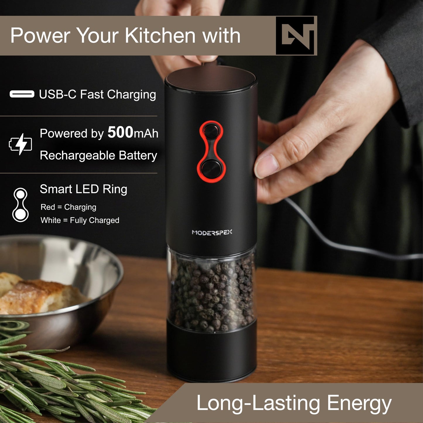 Electric Salt and Pepper Grinder Set USB-C Rechargeable, Dual-Speed Automatic Salt and Pepper Mills with 9 Adjustable Coarseness, Ceramic Burr, LED Light, Refillable, (Carbon Black)