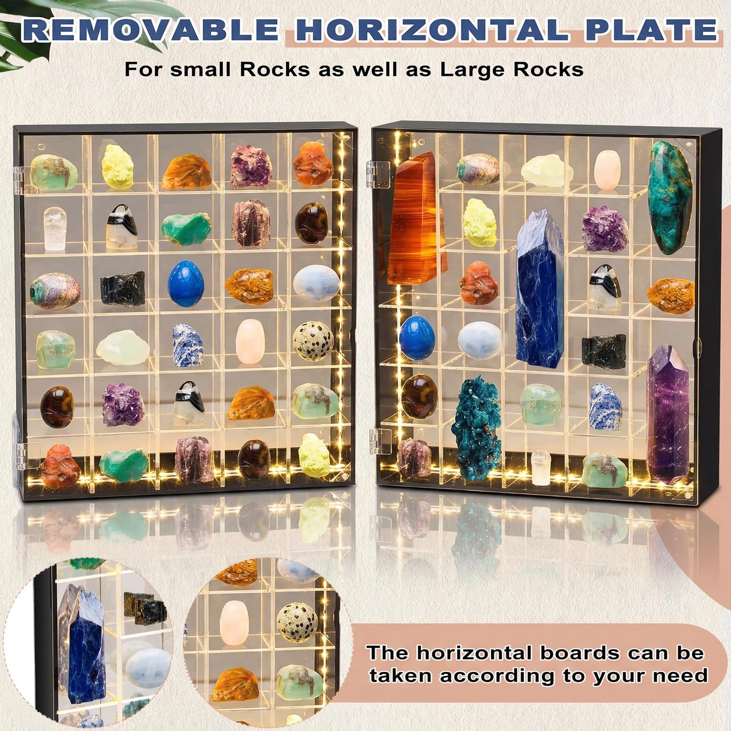 Cinnvoice Rock Display Case LED Adjustable Acrylic Display Case with Mirrored Crystal Organizer for Collectible, Mineral Crystal, Stones, Wall Mount, Magnetic Door