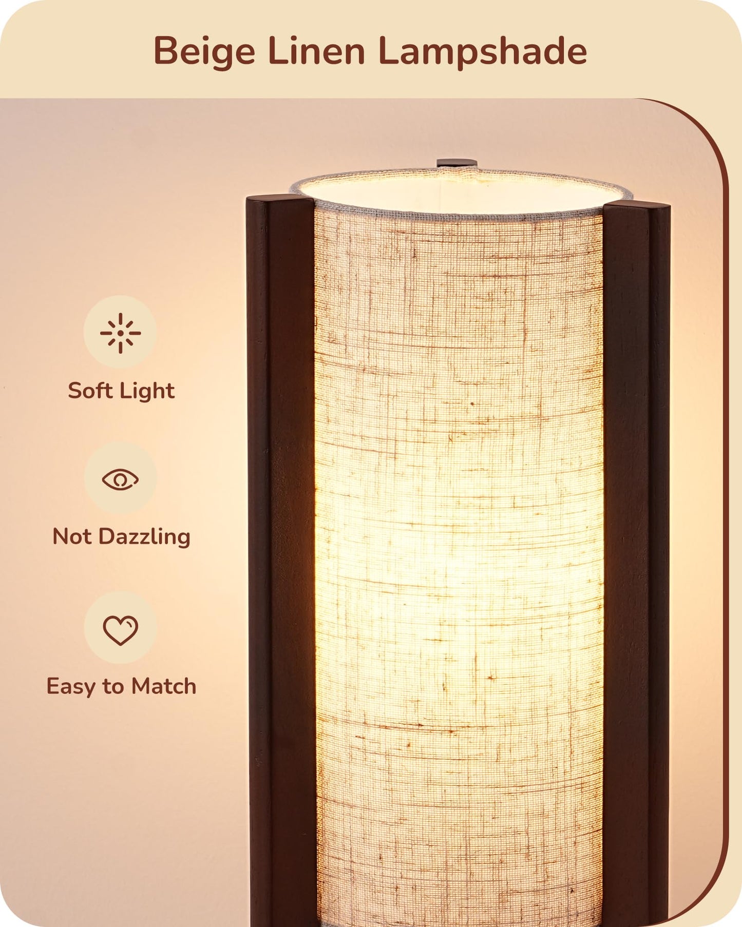 EDISHINE Wood Table Lamp, 13.5" Small Bedside Lamp, Beige Linen Shade, Rosewood Cylinder Nightstand Lamp for Bedroom Living Room, On-Off Line Switch, E26 Base (Bulb Not Included)