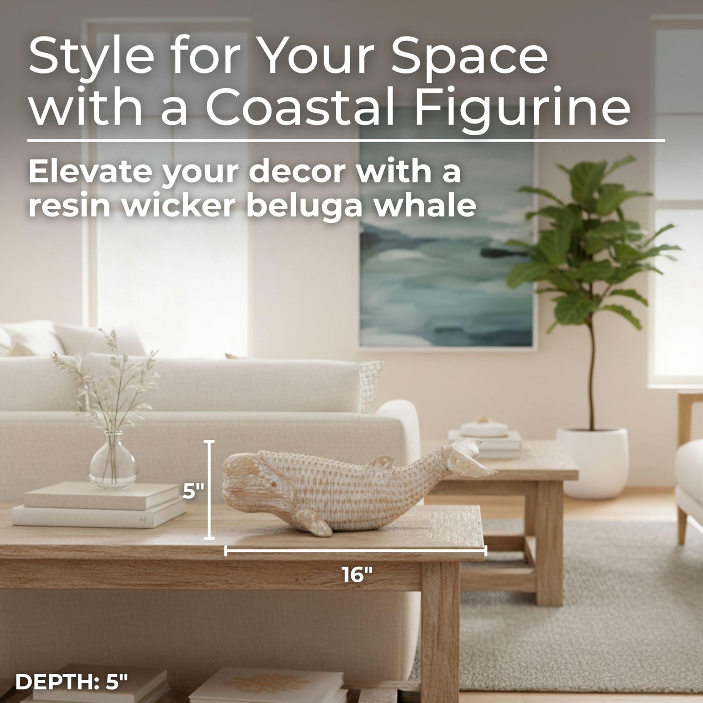 Elegant Whale Figurine for Home Decor - Coastal Chic Sculpture for Bathroom, Office, Room and Living Room Accent -Modern Seaside Ornaments for Shelf or Coffee Table Display - 5", White & Tan