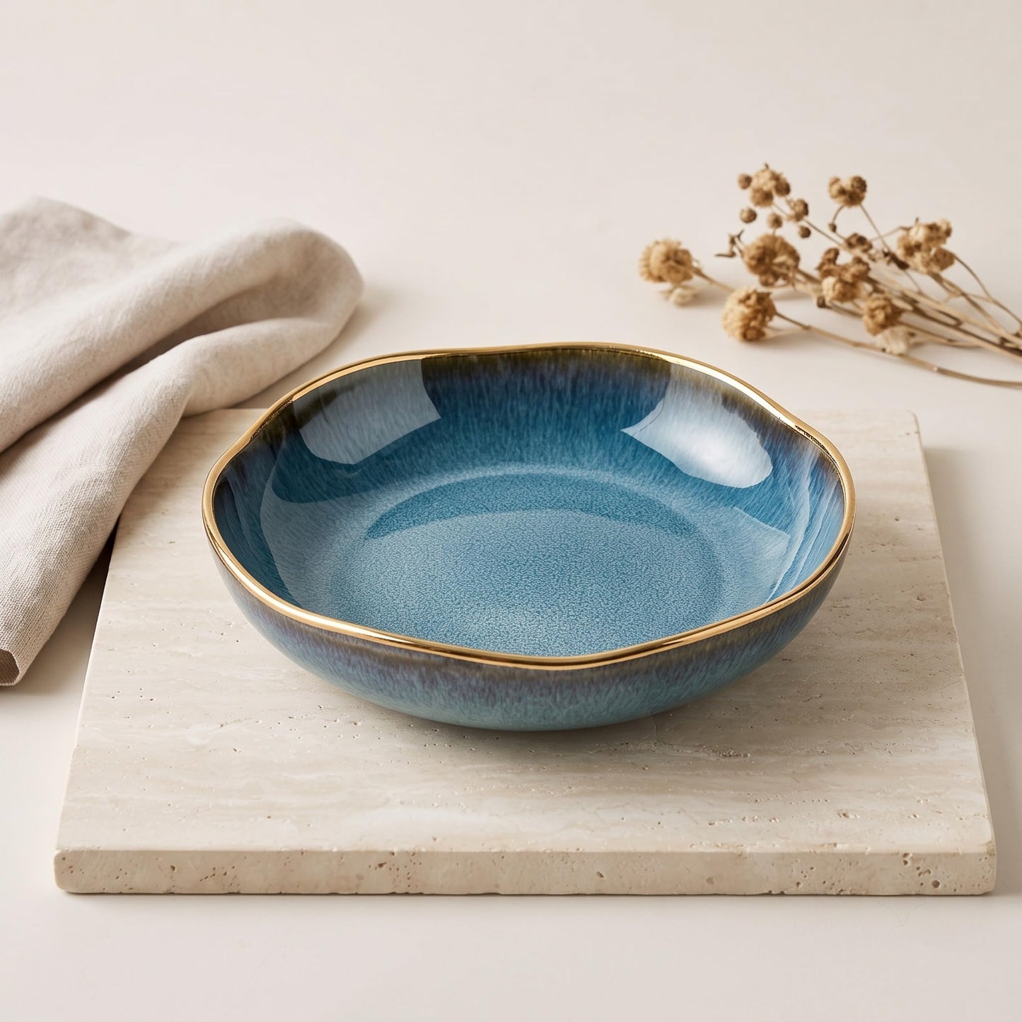 suruim Ceramic Decorative Bowl, Decorative Ceramic Bowl Tray with Reactive Glaze, Shallow Centerpiece Accent for Home Decor Table Shelf Mantel Entryway Display(Blue | M)