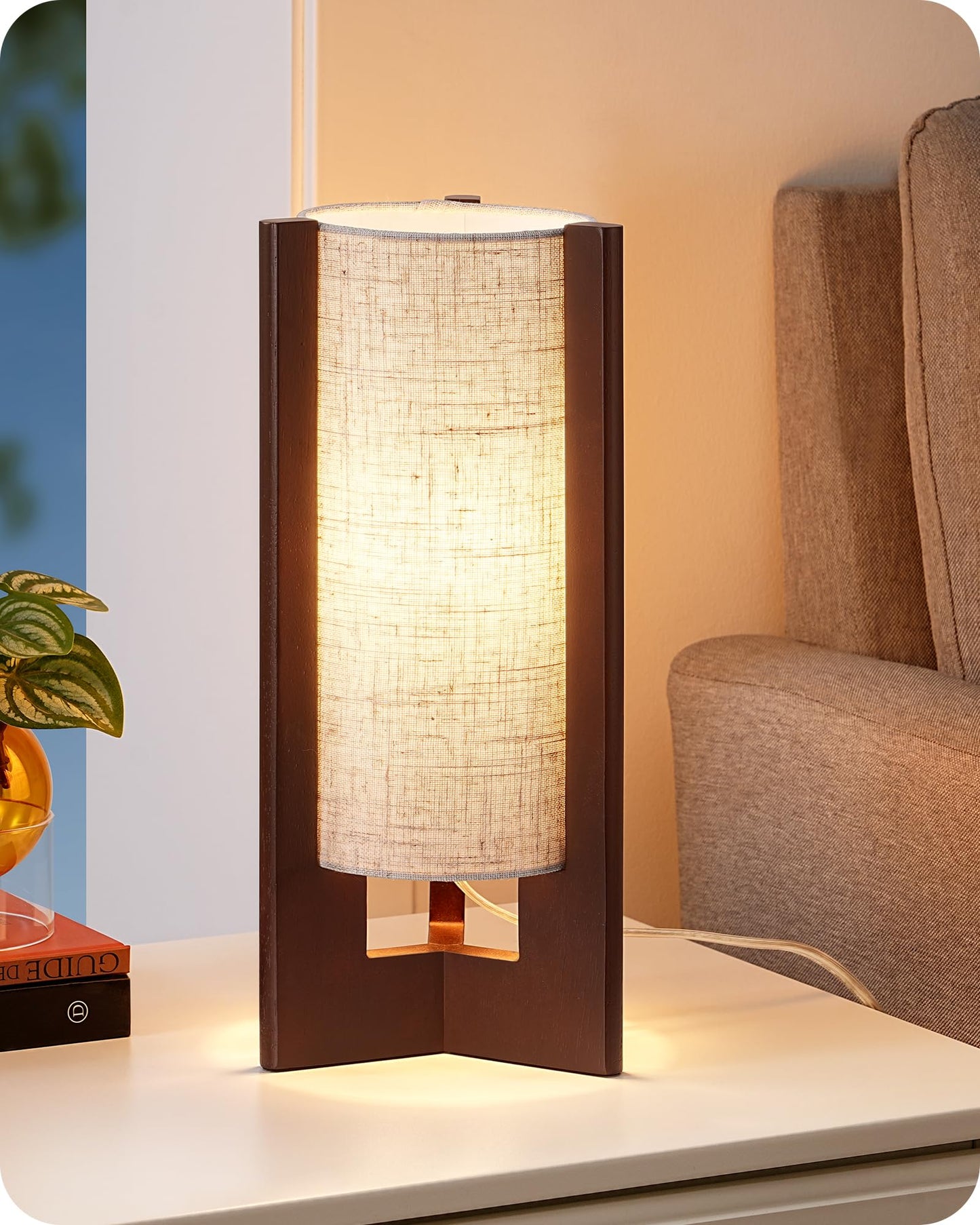 EDISHINE Wood Table Lamp, 13.5" Small Bedside Lamp, Beige Linen Shade, Rosewood Cylinder Nightstand Lamp for Bedroom Living Room, On-Off Line Switch, E26 Base (Bulb Not Included)