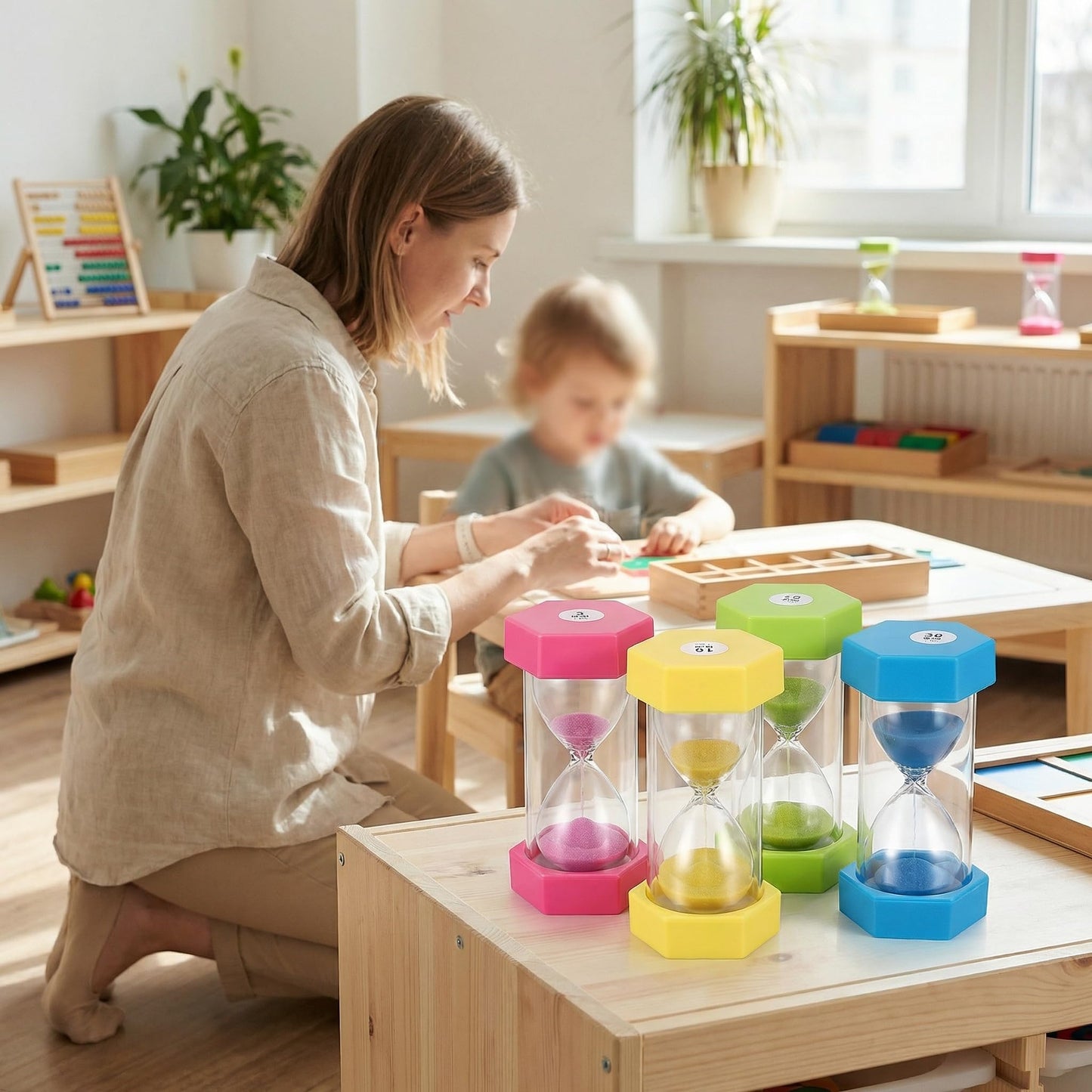 GLEAVI Visual Sand Timer for Kids, 4 Pcs Shatterproof Hexagonal Hourglass Timers (3, 10, 15, 30 Min), Anti-Roll Colorful Countdown Clock for Classroom, Toothbrushing, Study Focus, Visual Schedu