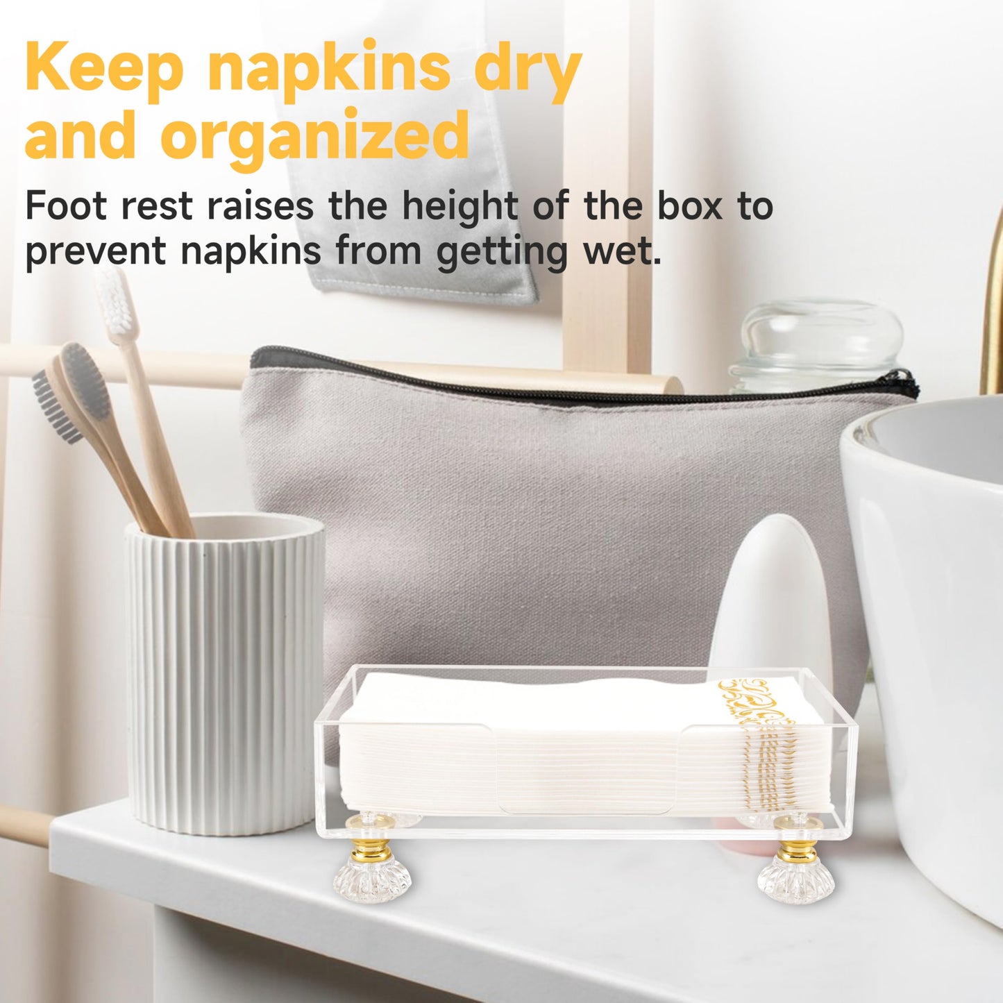 Acrylic Napkin Holder with Feet, LUVCOSY Acrylic Guest Towel Holder, Clear Hand Towel Storage Tray, Unique Crystal Feet Design, Paper Towel Dispenser for Bathroom, Kitchen, 9x5 Inches - Rectangular