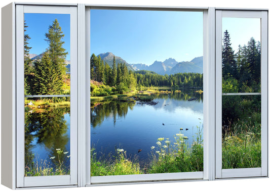 wall26 Canvas Print Wall Art Window View Springtime Blooming Flower Lake Forest Wilderness Nature Photography Realism Scenic Landscape Colorful Multicolor for Living Room, Bedroom, Office - 24"x36"